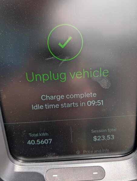 Charger screen with text: Unplug vehicle. Charge complete. Idle time starts in 09:51. Total kWh 40.5607. Session total $23.53